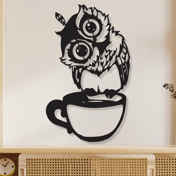 cuadro de buho en taza 35 x 53 cm