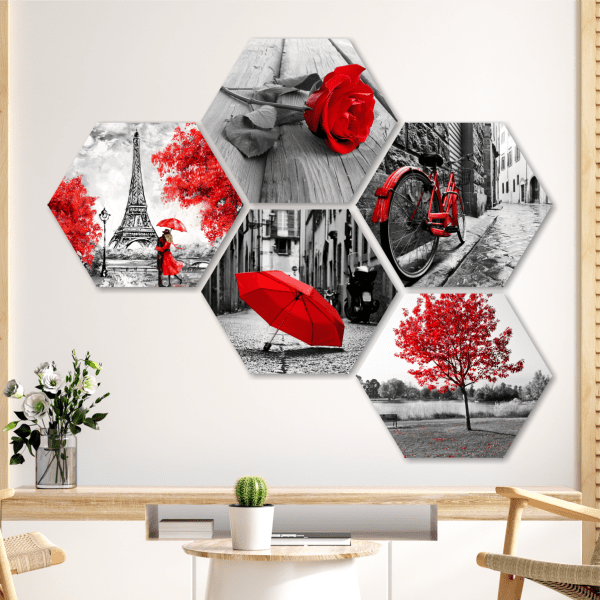 cuadros hexagonales con fotos color rojo apasionado