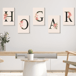 cuadros palabra hogar letras negras con flores rosas y fondo color calido